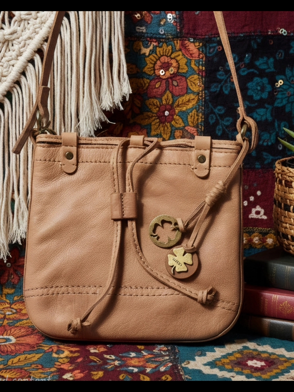 Vintage Lucky Brand Mini Leather Drawstring Bucket Crossbody Bag Tan Boho Y2K. - Picture 5 of 10